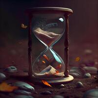 Time concept. Old hourglass with sand and autumn leaves. 3d rendering, Image photo