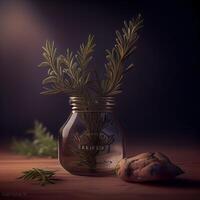 Herbs in a glass jar on a wooden background. illustration., Image photo