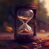 Old hourglass on the background of autumn leaves. 3d rendering, Image photo