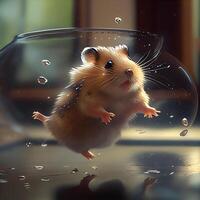 Hamster in a glass bowl with water drops. 3d rendering, Image photo