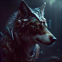 Futuristic portrait of a wolf in the virtual world. 3d rendering, Image photo