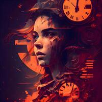 Futuristic portrait of a woman with gears and time. 3d rendering, Image photo