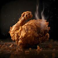 Fried chicken on a black background with smoke. Selective focus., Image photo