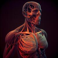 humano esqueleto anatomía con sangre vasos 3d representación, ai generativo imagen foto