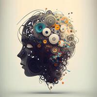Artistic illustration of a human head with abstract colorful circles and lines, Image photo