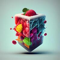 3d cube with fruits and ice cubes. 3d illustration., Image photo