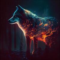 Illustration of wolf in the dark forest with fire effect. Elements of this image furnished by NASA, Image photo