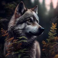 Digital painting of a wolf in the forest with ferns., Image photo