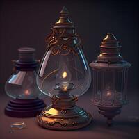 Lanterns with burning candles on dark background. 3d illustration, Image photo