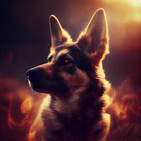 Beautiful portrait of a German shepherd dog on a background of fire., Image photo