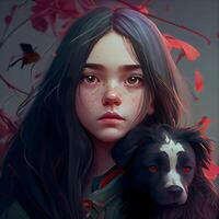 3D illustration of a beautiful girl with a dog in her hands, Image photo