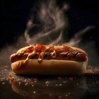 Hot dog with mustard and ketchup on a black background with smoke, Image photo