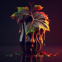 Abstract illustration with autumn leaves in a vase on a dark background, Image photo