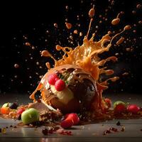 Falling cherry tomatoes and orange with splashes of juice on a dark background, Image photo