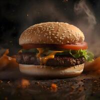 Cheeseburger with flying ingredients on a black background with smoke, Image photo