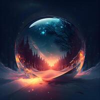 Glowing crystal ball with winter forest landscape. 3D illustration., Image photo