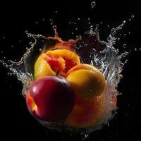 Pomegranate in water with splash on gray background. 3d illustration, Image photo