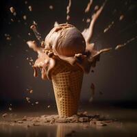 ice cream with splashes of chocolate and cherry on a dark background, Image photo