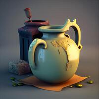 Antique jug with a map of the world. 3d render, Image photo