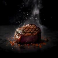 grilled beef steak on black background with smoke and flames, closeup, Image photo