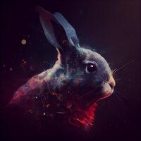 Rabbit head with colorful splashes on black background. Digital illustration., Image photo