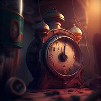 Old clock on the table in the dark room. Vintage style., Image photo