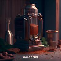 3d rendering of a coffee grinder and coffee beans on a dark background, Image photo