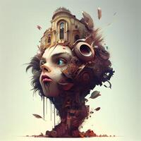 3d illustration of a woman with a strange face in a surreal style, Image photo
