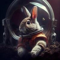 Rabbit in astronaut suit on dark background. Astronaut in space., Image photo