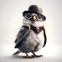 Funny owl in a hat and glasses on a white background., Image photo