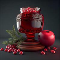 Christmas and New Year greeting card with glass candlestick, red balls and fir branches on dark background, Image photo