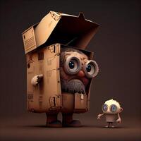 Cute cartoon monster with a carton box. 3d rendering, Image photo