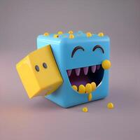 gracioso cubo con dientes y ojos. 3d hacer ilustración., ai generativo imagen foto