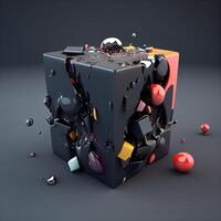 3d illustration of abstract geometric composition with cubes in black and red colors, Image photo