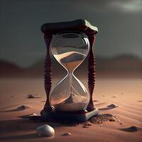 Hourglass in the desert. 3d render. Time concept., Image photo