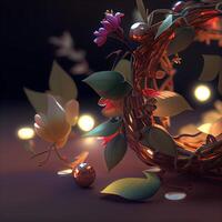 3d illustration of abstract geometric composition with autumn leaves, berries and spheres, Image photo