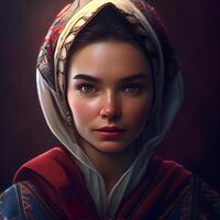 Portrait of a beautiful young woman in a headscarf., Image photo