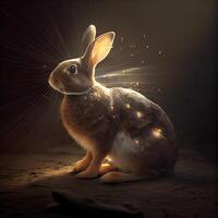 Rabbit on a dark background with rays of light coming from above, Image photo