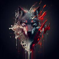 Illustration of a wolf head with paint splashes on a black background, Image photo