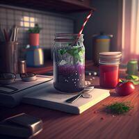 A glass jar of cola with a straw on a wooden table. 3d rendering, Image photo