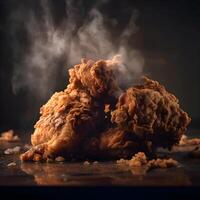 Crispy fried chicken wings on a black background with smoke., Image photo