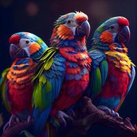 Colorful macaw parrots sitting on a branch in the dark, Image photo