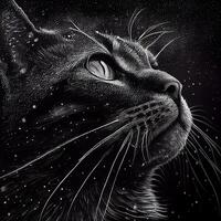 black cat on a black background with stars in the night. hand drawing, Image photo