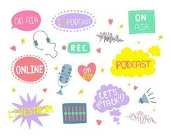 Cartoon Color Different Podcast Stickers Set. Vector