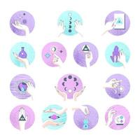 Cartoon Color Various Magic Astrology Boho Icon Set. Vector