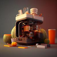 3d illustration of a modern microscope with a lot of different objects around it, Image photo