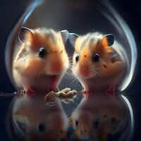 Hamsters in a glass bowl on a dark background with reflection., Image photo