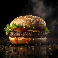 hamburguesa en un negro antecedentes con llamas y fumar. de cerca., ai generativo imagen foto