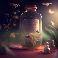 3d illustration of a small glass jar with a label and a bottle of medicinal herbs on a dark background, Image photo