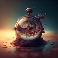 Vintage pocket watch in water. Time concept. 3D rendering, Image photo